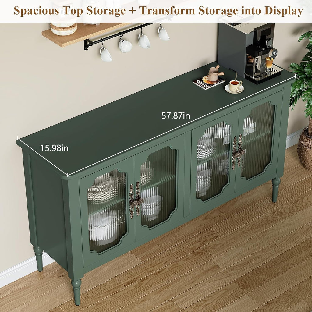 58" Sideboard Buffet Cabinet with Storage, Sideboard Cabinet, Green | Mid Century Storage Cabinet with Shelves and 4