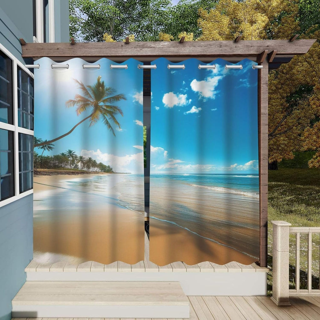 Tropical Beach Theme Waterproof Indoor/Outdoor Curtains,Ocean Palm Trees Sky Pattern,Privacy Curtains for Porch