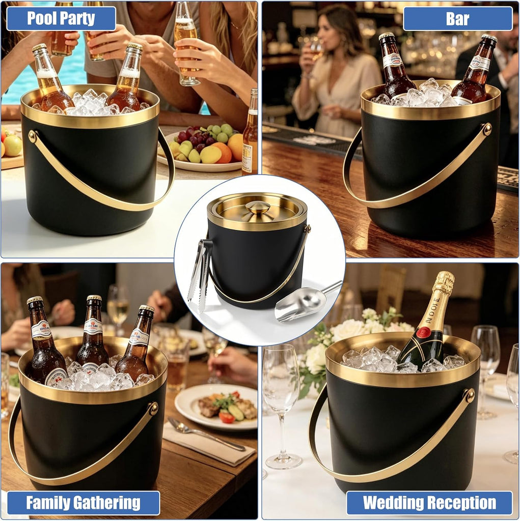 3L Double Wall Insulated Ice Bucket for Parties, Champagne Bucket with Lid - Set of 4