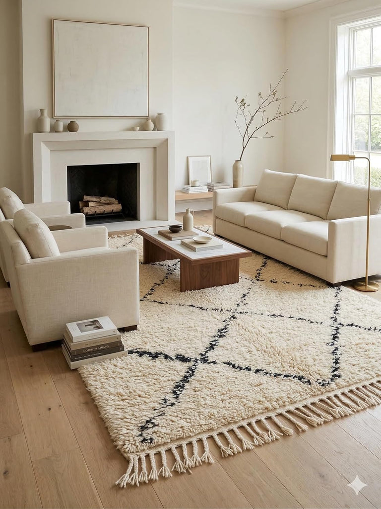 Handmade Moroccan Berber Area Rug 6' x 9', 100% Wool High Pile Shag, Ivory/Cream with Charcoal Fine Diamond Pattern