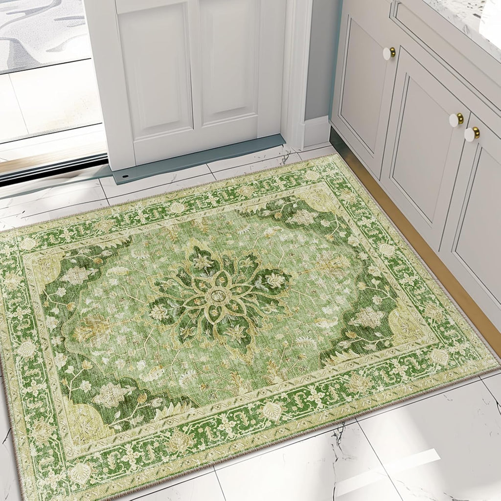 Area Rugs Washable Non-Slip, Floral Vintage Distress Print Pattern Medallion Carpet for Living Room Bedroom Dining Room