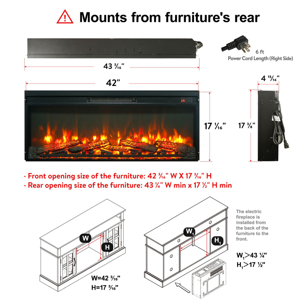 42" Electric Fireplace Insert, Realistic Flame & Log Set, 4-Level Brightness, 1400W Fireplace Heater with Thermostat