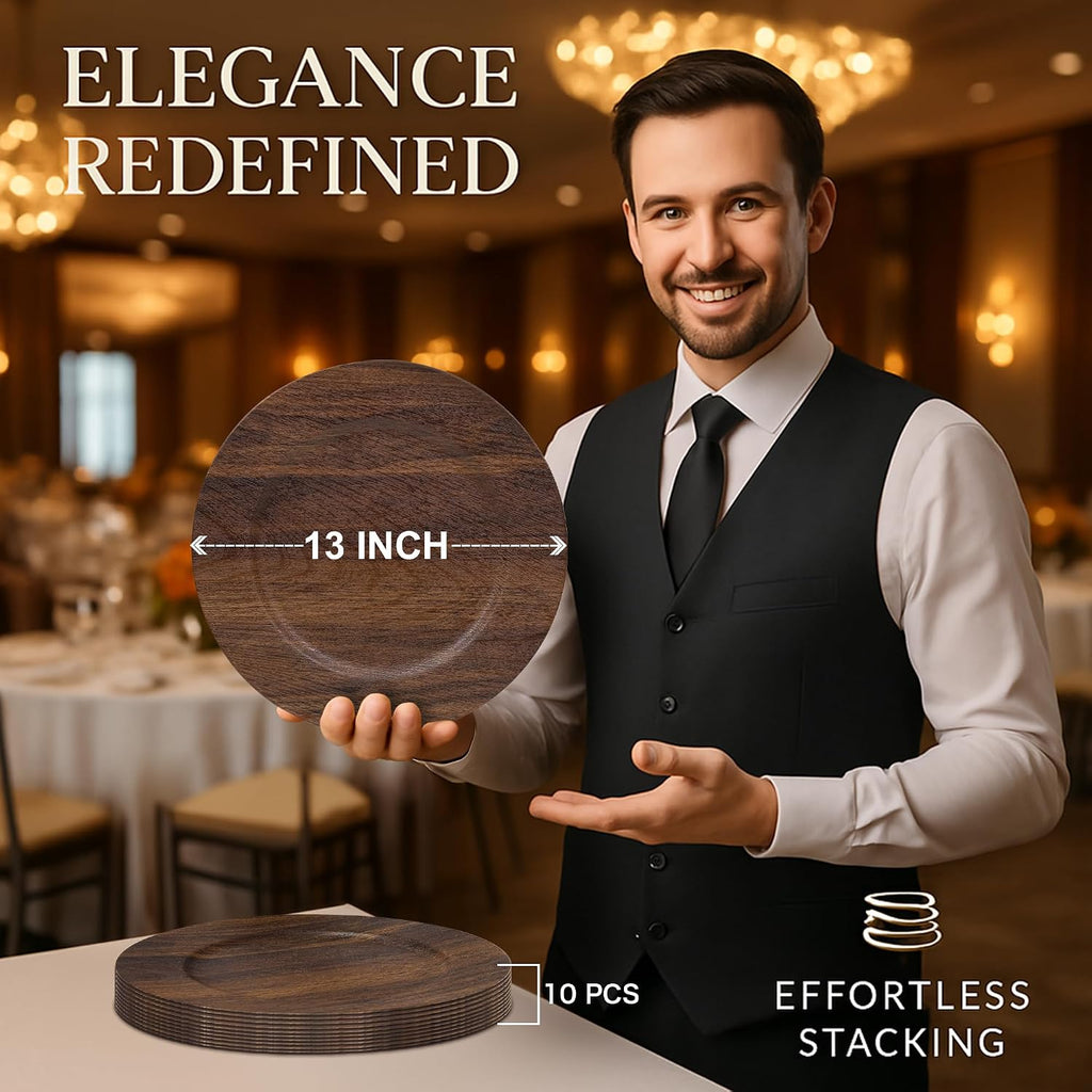 10 Pack Faux Wood Charger Plates, 13" Brown Chargers for Dinner Plates, Round Wooden Chargers Plate Set of 10