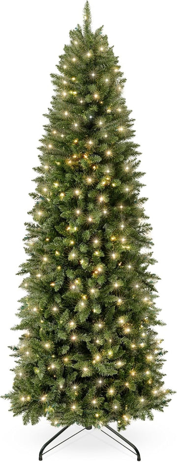 7.5ft Artificial Pencil Christmas Tree with LED Twinkling Lights, Pre-Lit Spruce Realistic Holiday Xmas Décor, 350