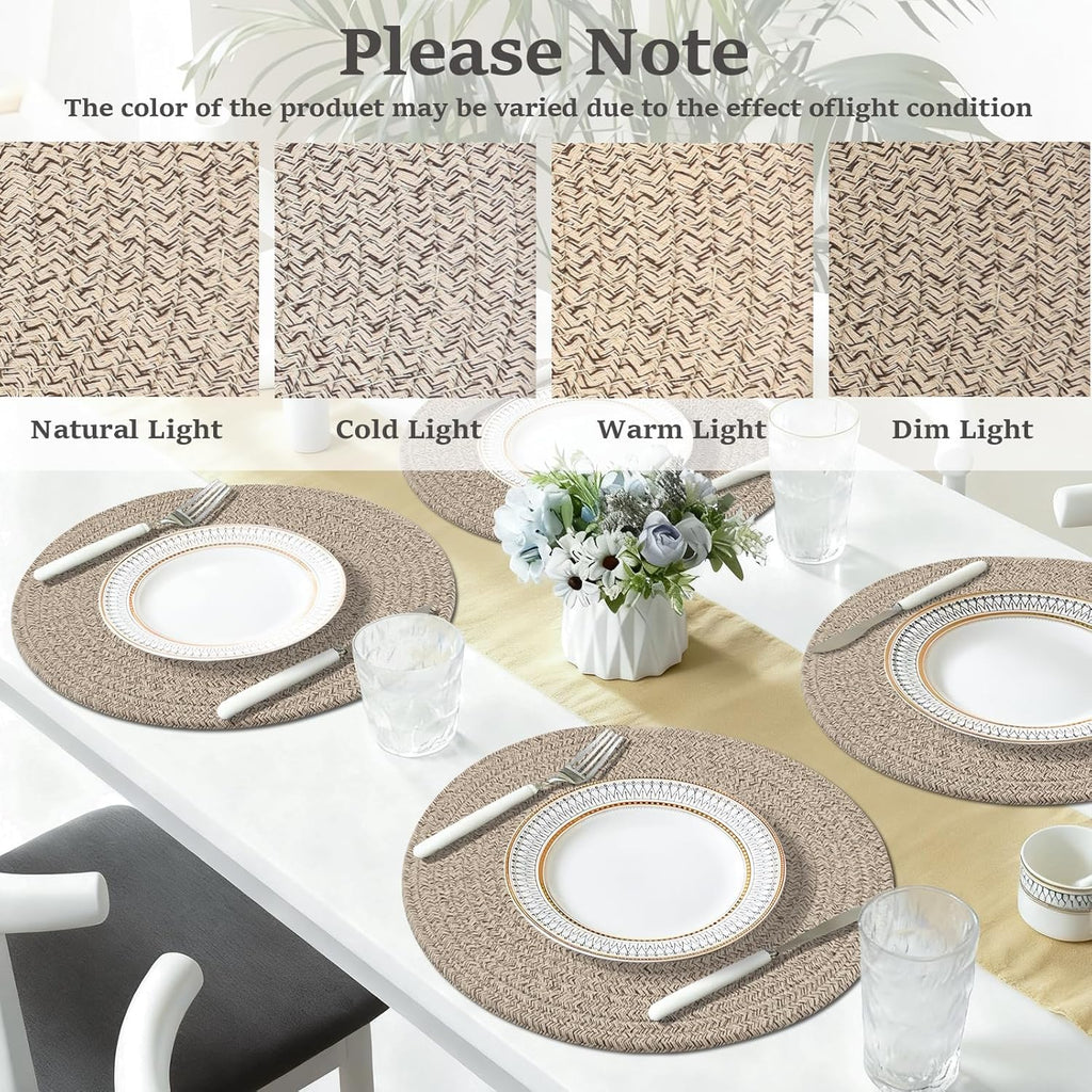 Round Placemats, Cotton Rope Woven Table Mats, Hot Pads, Non Slip Heat Resistant Place Mats, 13 Inches - Set of 6