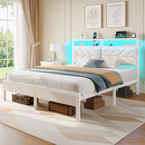 Bed Frame Full with Charging Station, LED Bed with Upholstered Storage Headboard