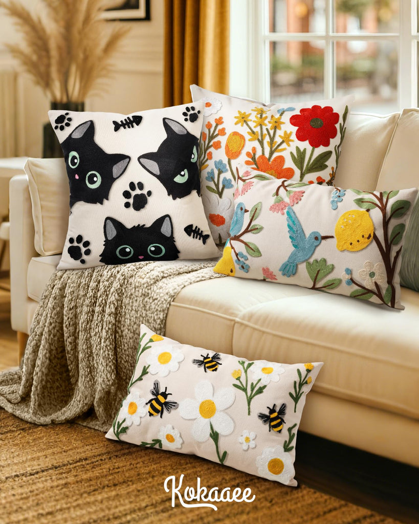 Embroidered Lumbar Pillow Cover 20x12 Inch, Flower Bee