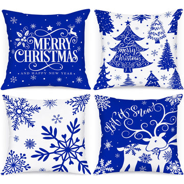 White and Blue 20x20 Christmas Pillow Covers Set of 4, Decorative 20 Inch Navy Winter Snowflake Throw Pillow Case