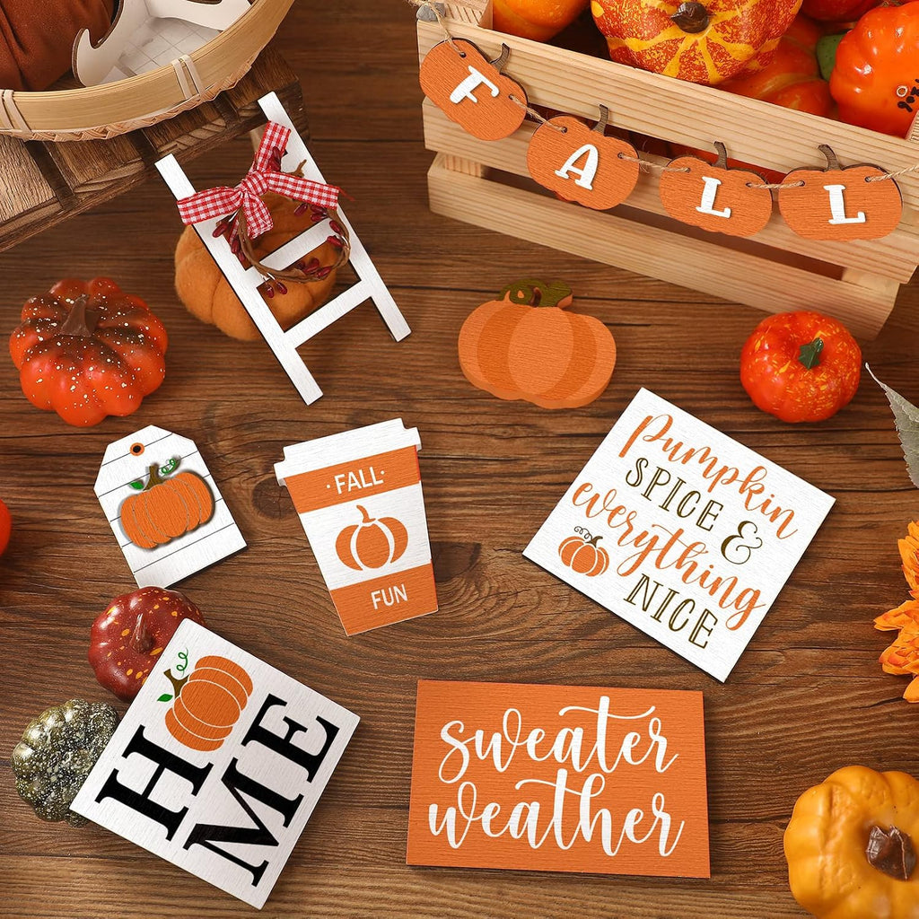 Two Tiered Tray with Wooden Signs Decor, Autumn Style - Set of 11