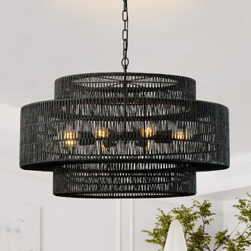 31.5"Large Boho Rattan Farmhouse Chandeliers, 8-Light Rattan Hand-Woven Rustic Drum Chandelier Pendant Light Fixture