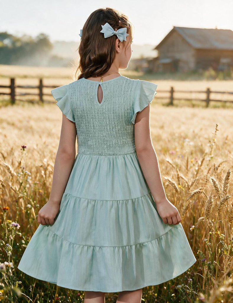 Girls Flutter Sleeve Smocked Tiered Midi Sundress with Pockets