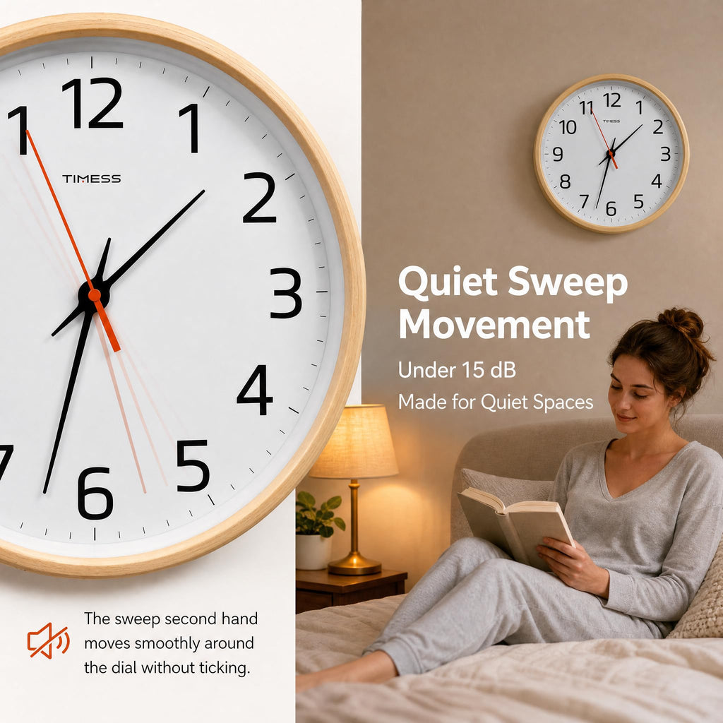 12 Inch Solid Wood Wall Clock Non-Ticking - Minimalist Beechwood Clocks Battery Operated with Accurate Quartz Sweep