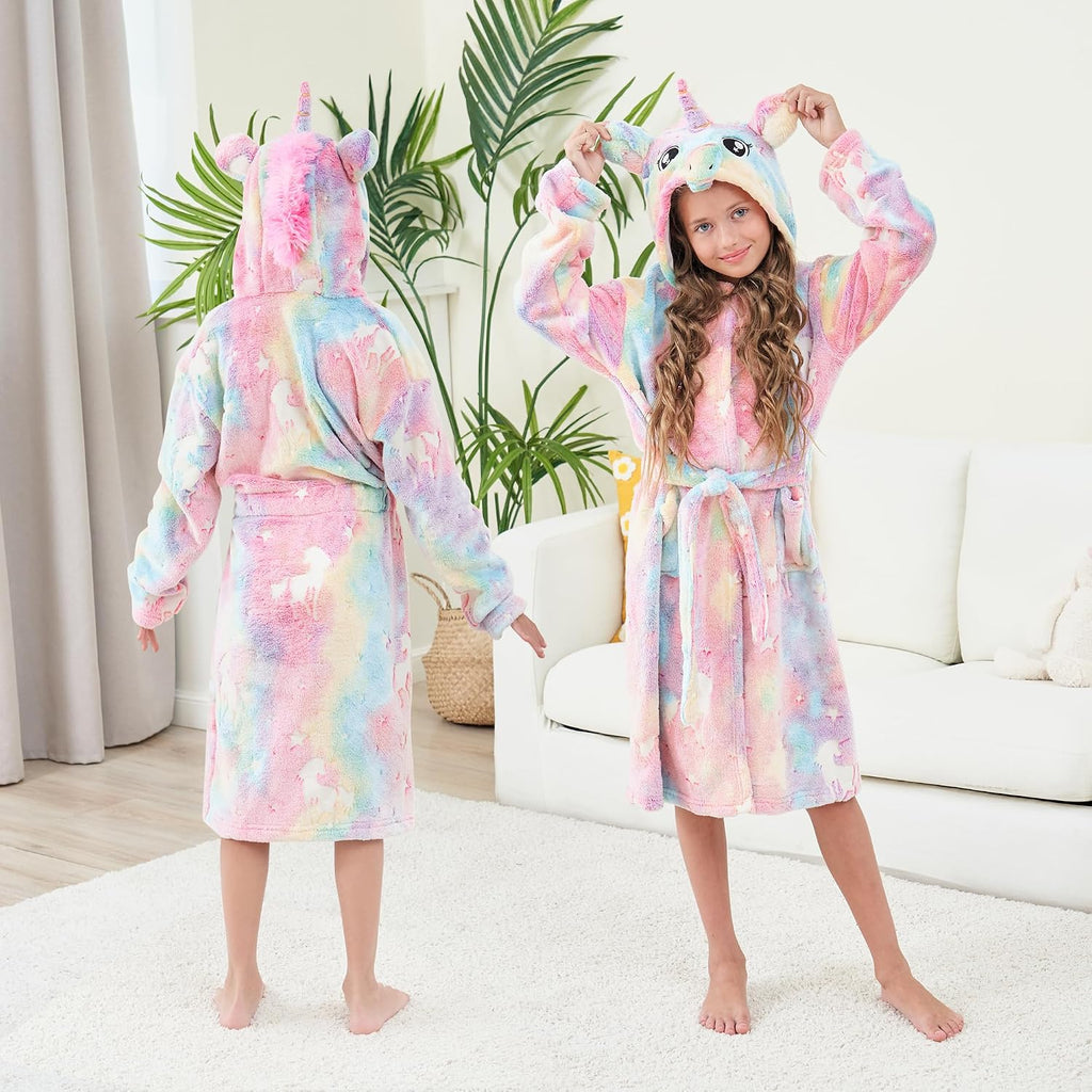 Girls Fleece Hooded Robes Soft Bathrobe for Kids - Glow in the Dark Unicorn Gifts for Girls