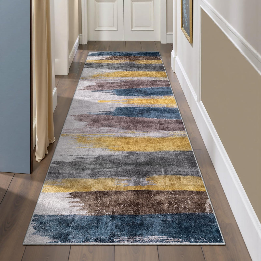 Runner Rugs, Abstract Washable Rug Yellow Grey