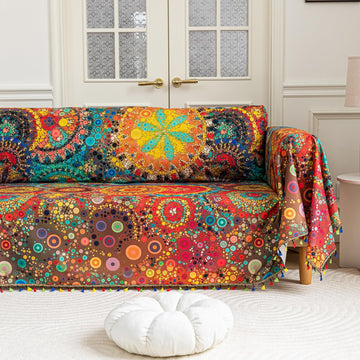 Boho Couch Cover with Tassels, Washable 3-Seater Sectional Sofa Cover (A7, 71"x134")