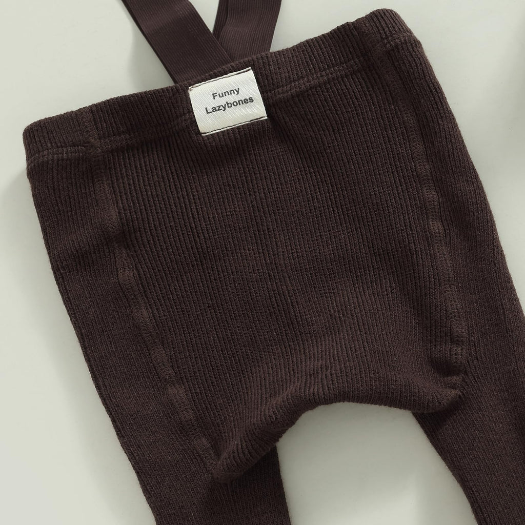 Girl Boy Suspender Tights Pantyhose Ribbed Knit Leggings Stockings Solid Color High Waist Cute Footed Pants (B-Brown