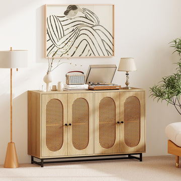 Rattan Sideboard Buffet Cabinet, 50" Boho Buffert Table, Natural
