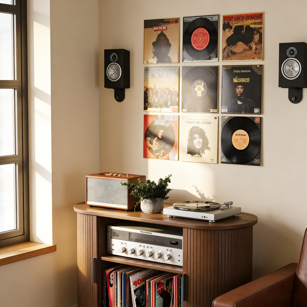 Record Player Stand, Midcentury Modern Furniture Turntable Stand with Sliding Doors, Audio-Video Shelving Cabinet