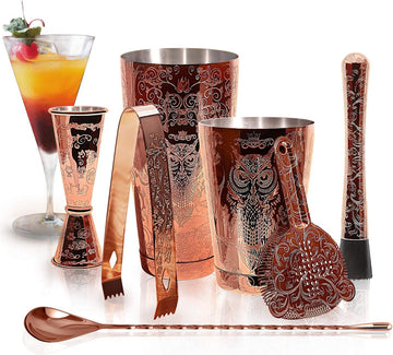 Bartender Kit Cocktail Shaker Set- Stainless Steel Copper Plated Etching Bar Tools with Boston Shaker - Set of 6