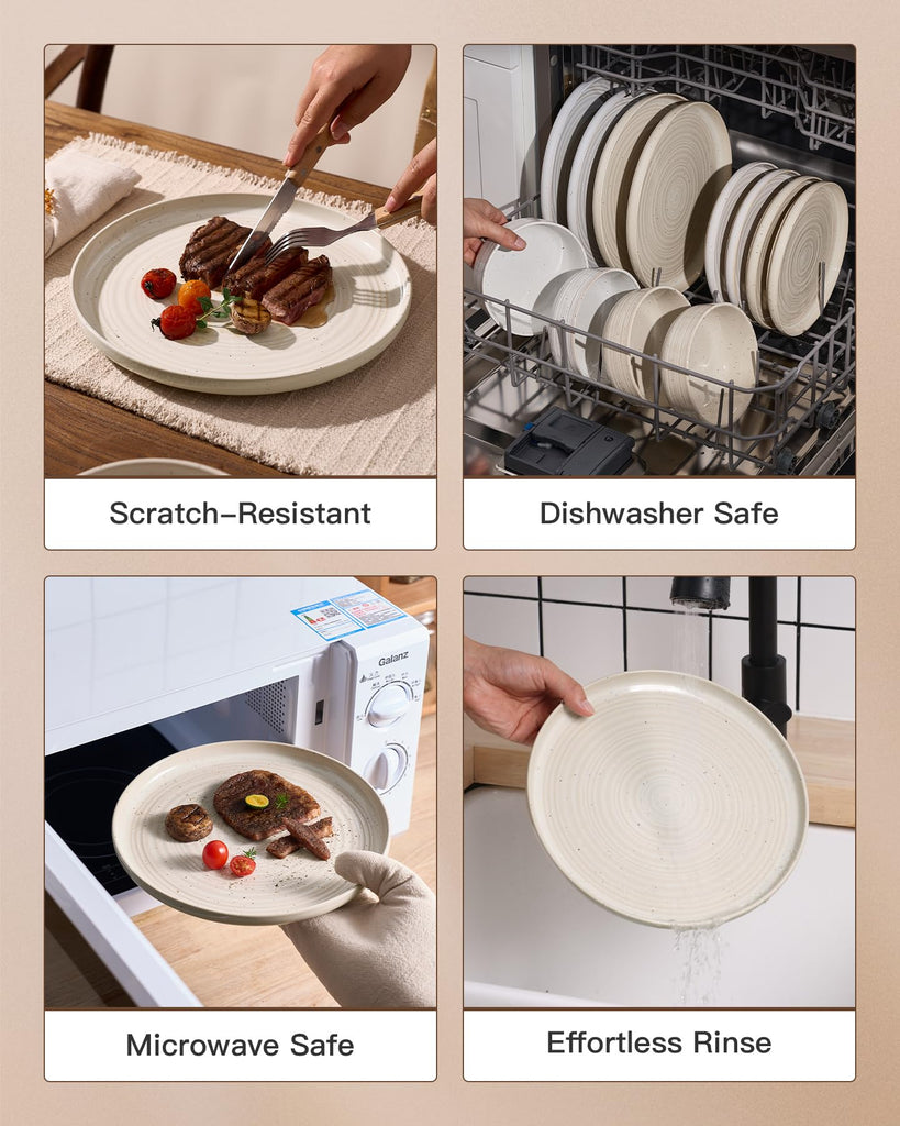 Stoneware Dinnerware Sets for 4, Reactive Glaze Plates & Bowls, Shell Beige