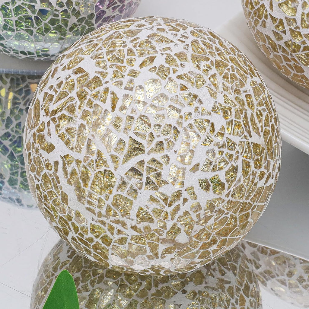 Gold Decorative Balls for Bowls 3.35inch Mosaic Glass Sphere - Set of 3