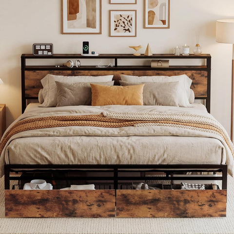 King Bed Frame with Storage Headboard, Platform King Bed with 2 Drawers and Charging Station, Heavy-Duty Metal Slats