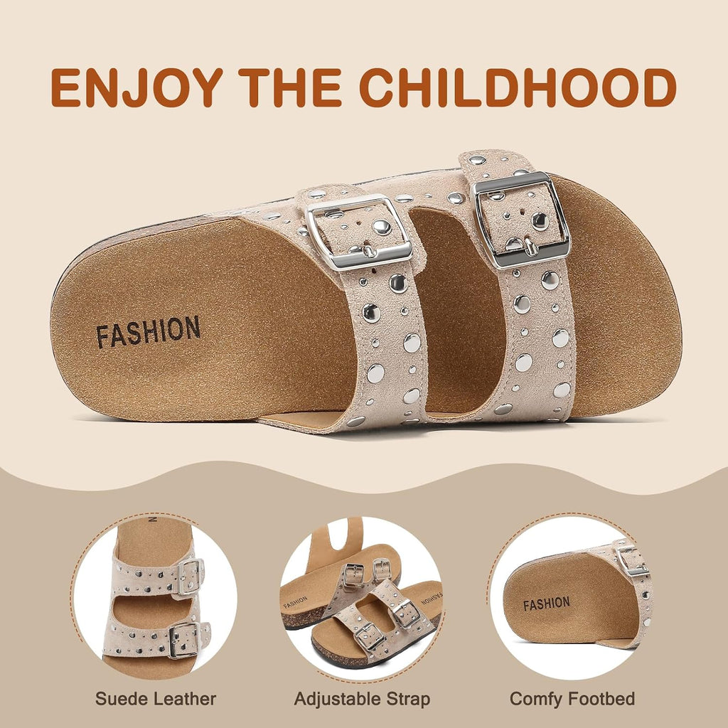 Kids Cork Footbed Sandals Boys Girls Fashion Studded Double Buckle Slides
