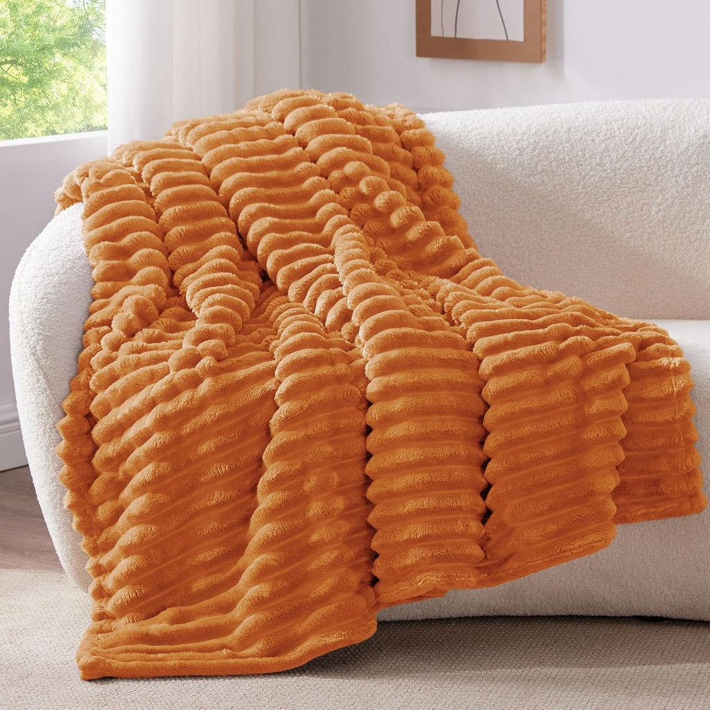 Ribbed Fleece Fall Throw Blanket, Burnt Orange, 50"x60"