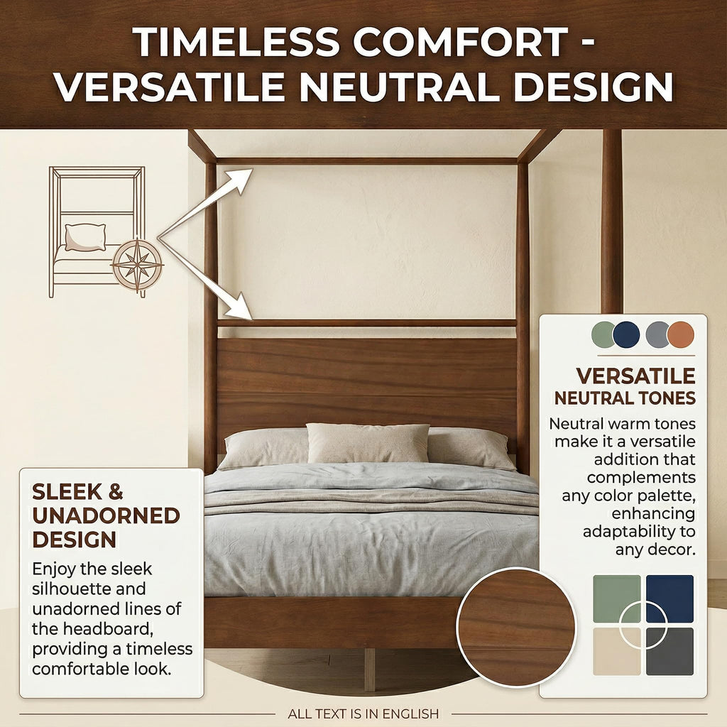 Queen Size Canopy Bed Frame Four Posters Bed No Box Spring Needed, Walnut