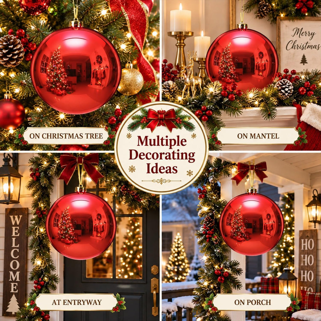 8" 4 Pcs Large Christmas Ornaments Ball, Shiny Red