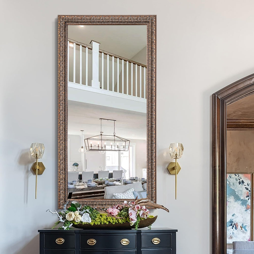 60" L x 31" W Large Full Length Mirror, Antique Bronze Decorative Mirror with Ornate Solid Wood Frame, Rectangular