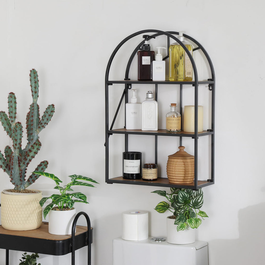 Arched Foldable Metal & Wood Wall Shelf - 3 Tier Freestanding Floating Ledge Shelves Window Design Storage Rack Décor