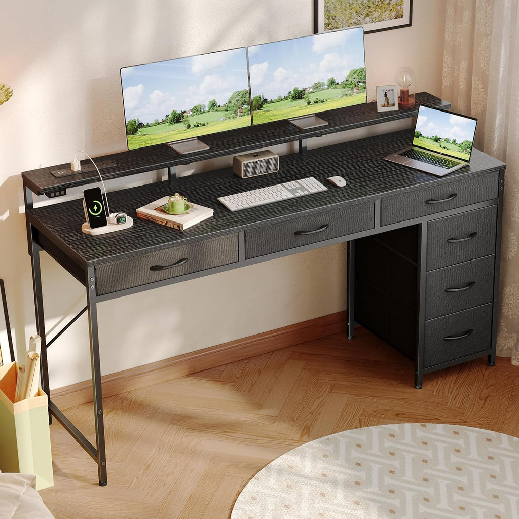 Gaming Desk with 6 Drawers, Computer Desk with LED Lights Power Outlets and Type-C, 55 Inch Office Desk with Storage