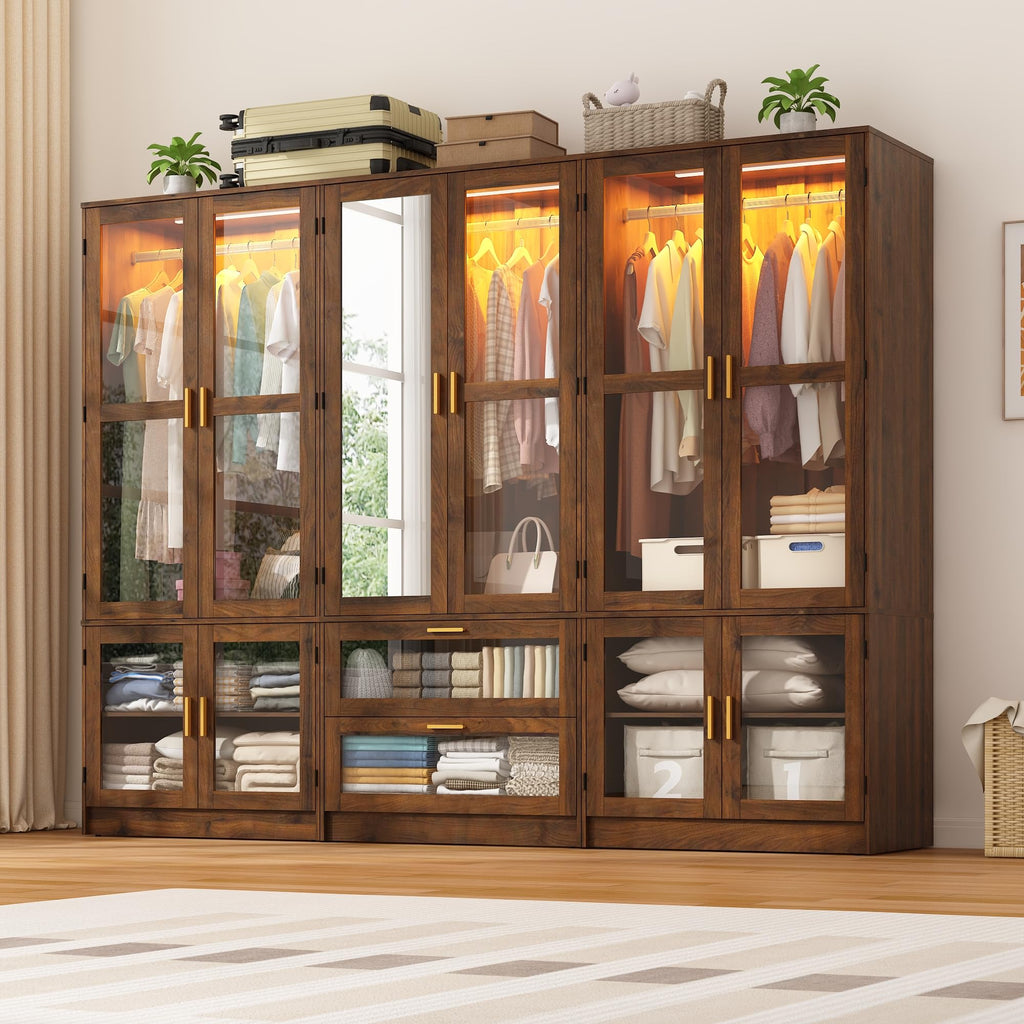 6 Doors Armoire Wardrobe Closet with Sensor LED Light and Mirror