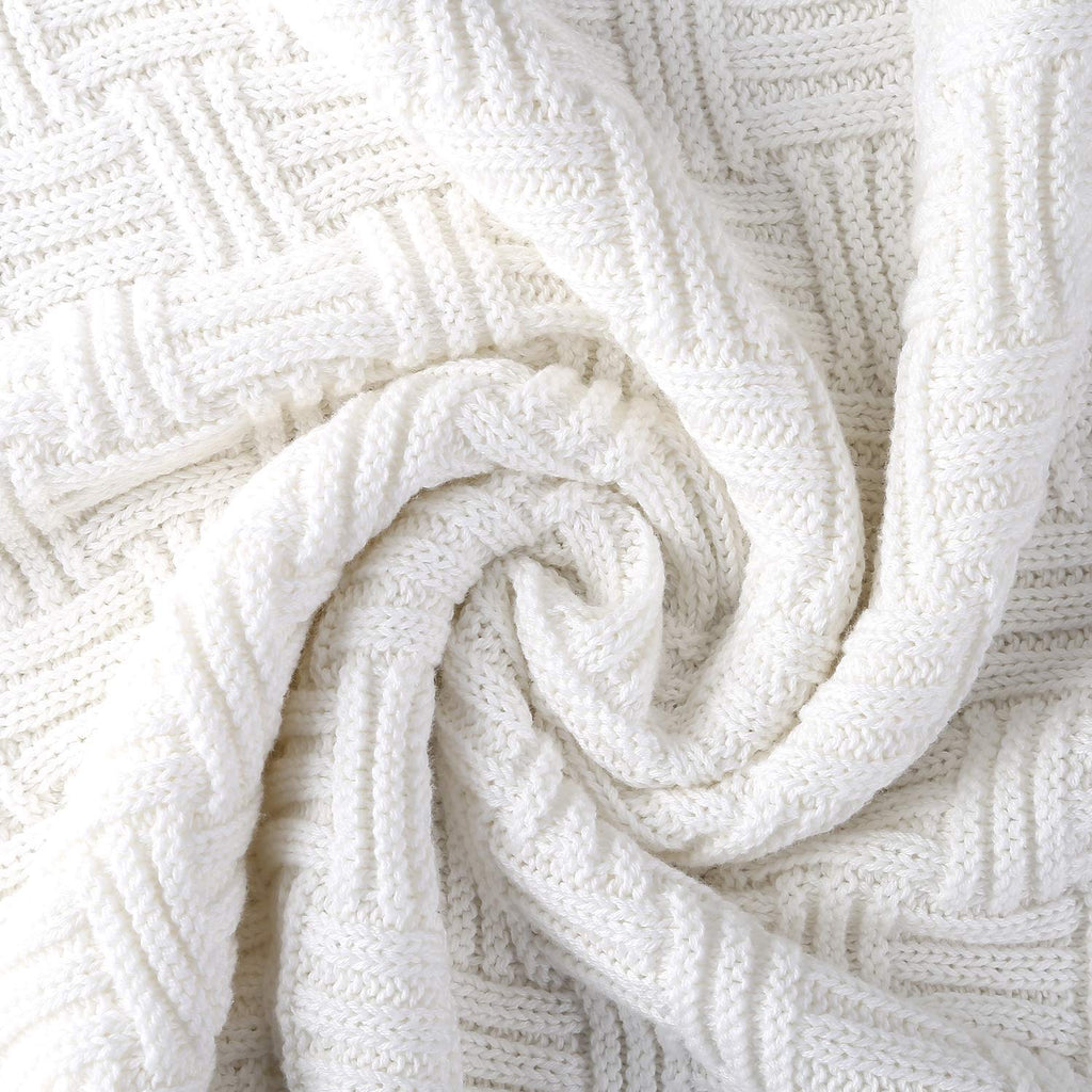 Pure White Cotton Cable Knit Throw Blanket for Couch Chair Sofa, Soft Cozy Home Decorative Blankets for All Seasons
