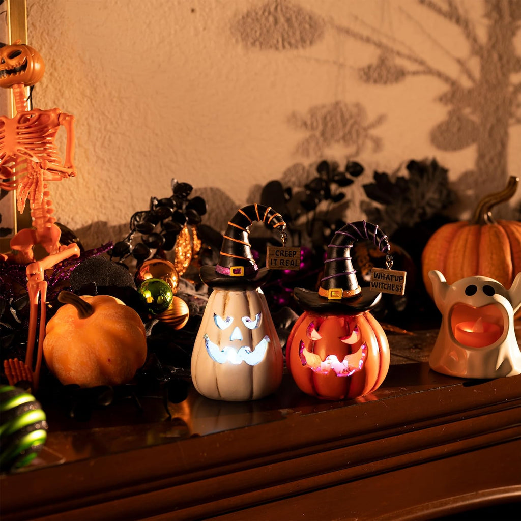 Pumpkin Halloween Decorations Indoor, Resin Halloween Figurines with Light, White and Orange Jack o Lantern - Set of 2