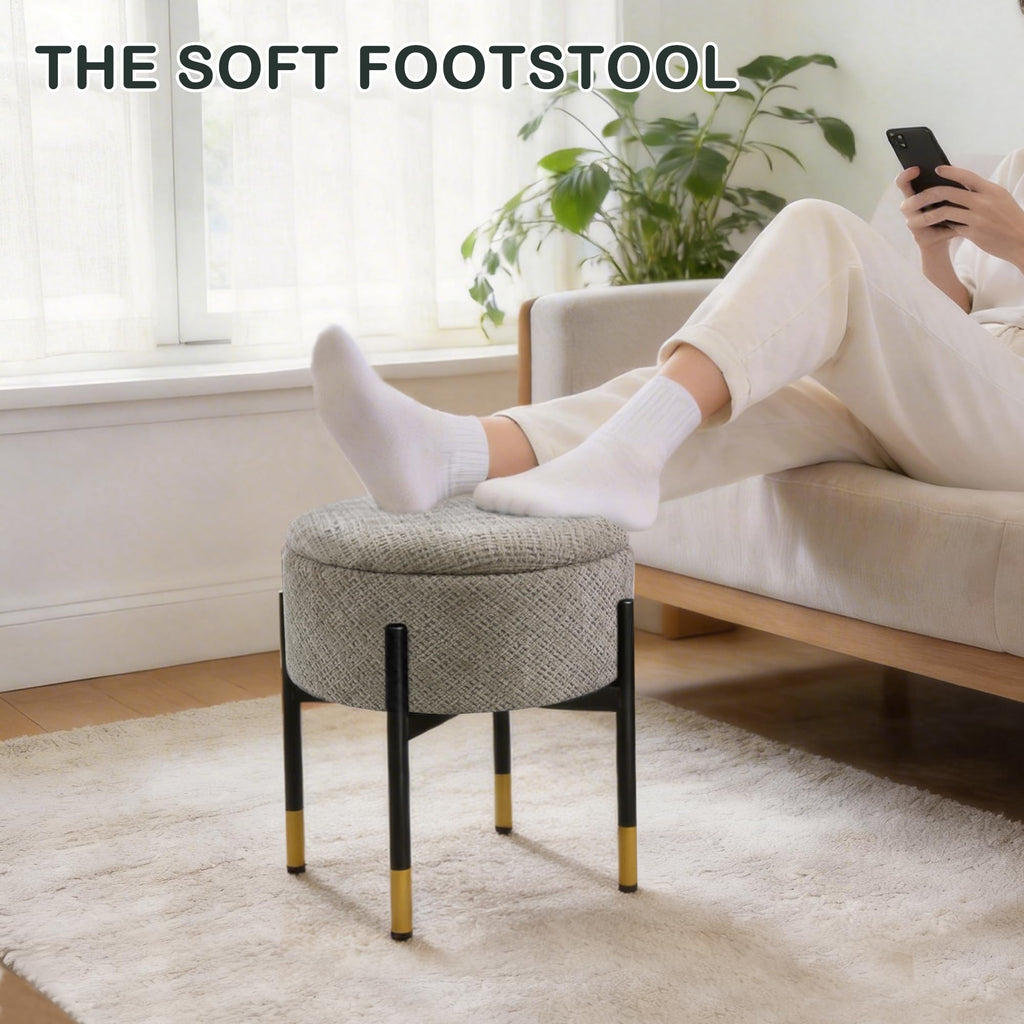 Round Ottoman with Storage, Velvet Makeup Vanity Stool, Small Ottoman Foot Stool with Coffee Table and Metal Legs