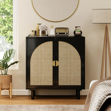 Black Minimalist 2-Door Sideboard with Woven Textured Panels, Black Storage Cabinet with Adjustable Shelf, Modern