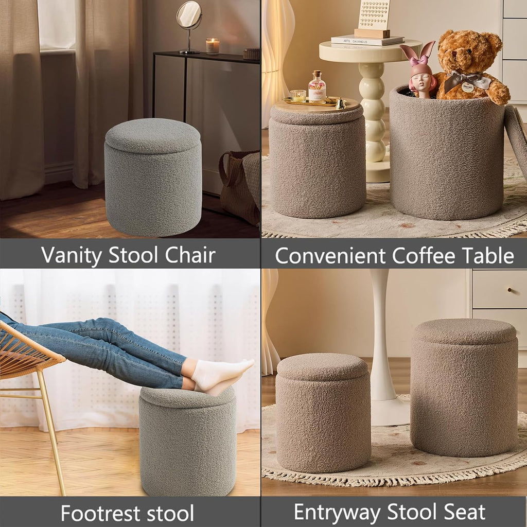 Round Ottoman with Storage Set of 2 Gray Sherpa Vanity Stool | Multifunctional Ottomans Coffee Table Padded Seat Foot