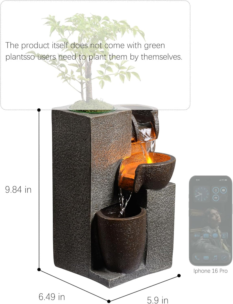 Resin Tabletop Waterfall Fountain with LED Light & Plant Pot, Indoor Desk Water Fountains Decor (22028N)