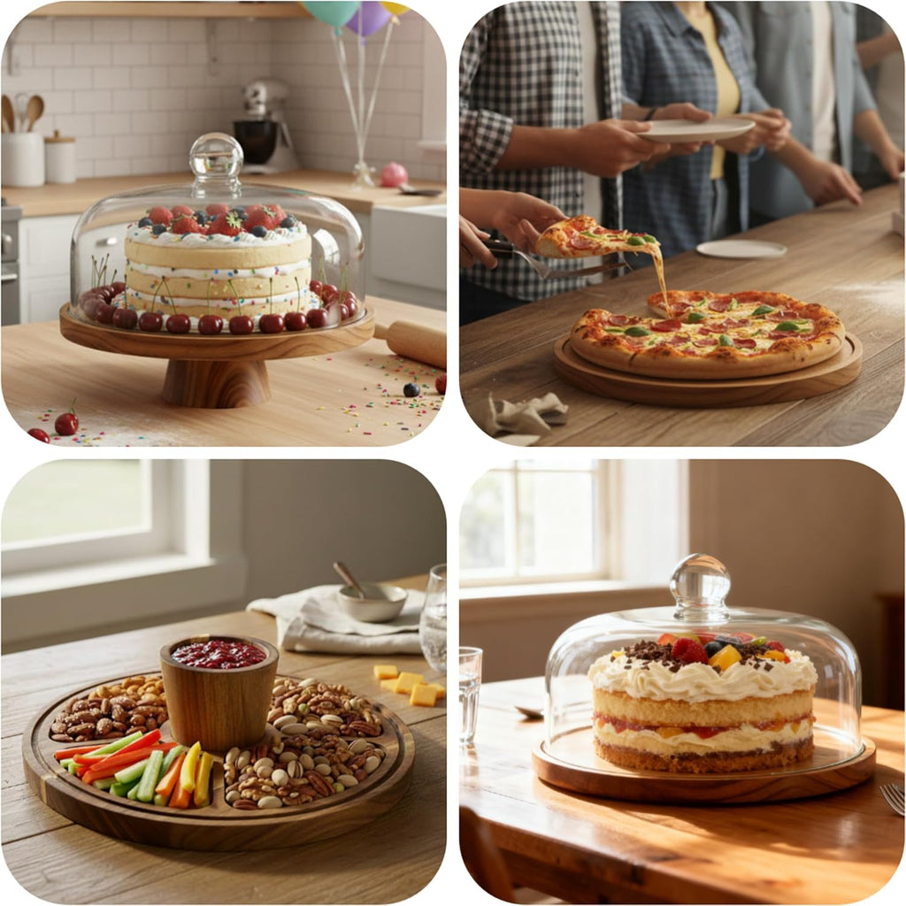 Acacia Wood Cake Stand with Scratch-Resistant Glass Dome Lid - 12-Inch Round Cake Holder with Screw-Type Base, Wooden