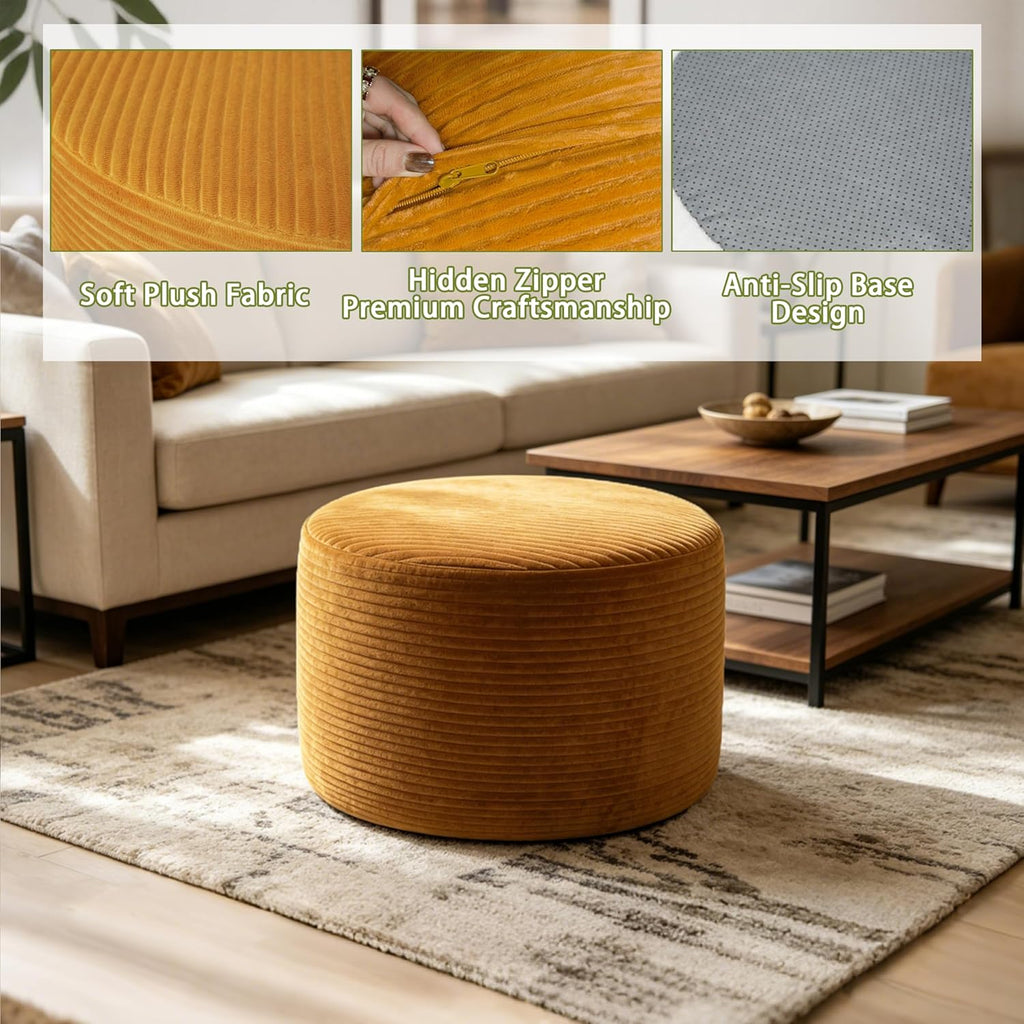 Round Ottoman Pouf, Plush Corduroy Foot Stool with High-Density Memory Foam, 3-in-1 Footrest Extra Seating Side Table