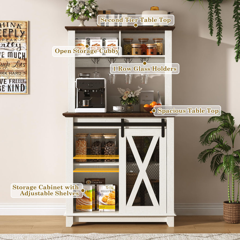 31.5"Wide Farmhouse Coffee Bar Cabinet with LED Light, Wine Bar Cabinet w/2 Storage Hutch, Kitchen Buffet Cabinet