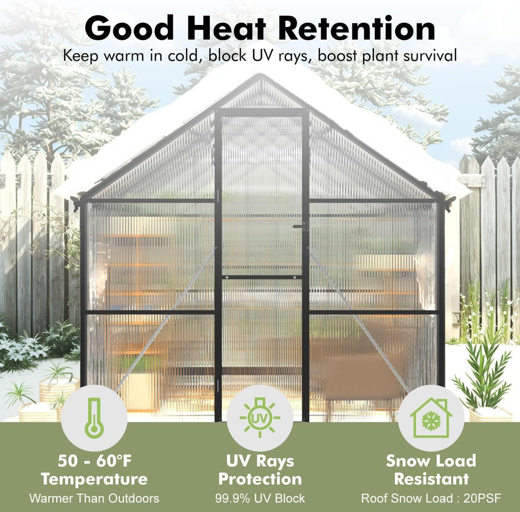 8X10FT Enhanced Aluminum Walk-in Greenhouse for Outdoors with Thermometer | Easy Assembly, UV-Resistant Panel, Rain