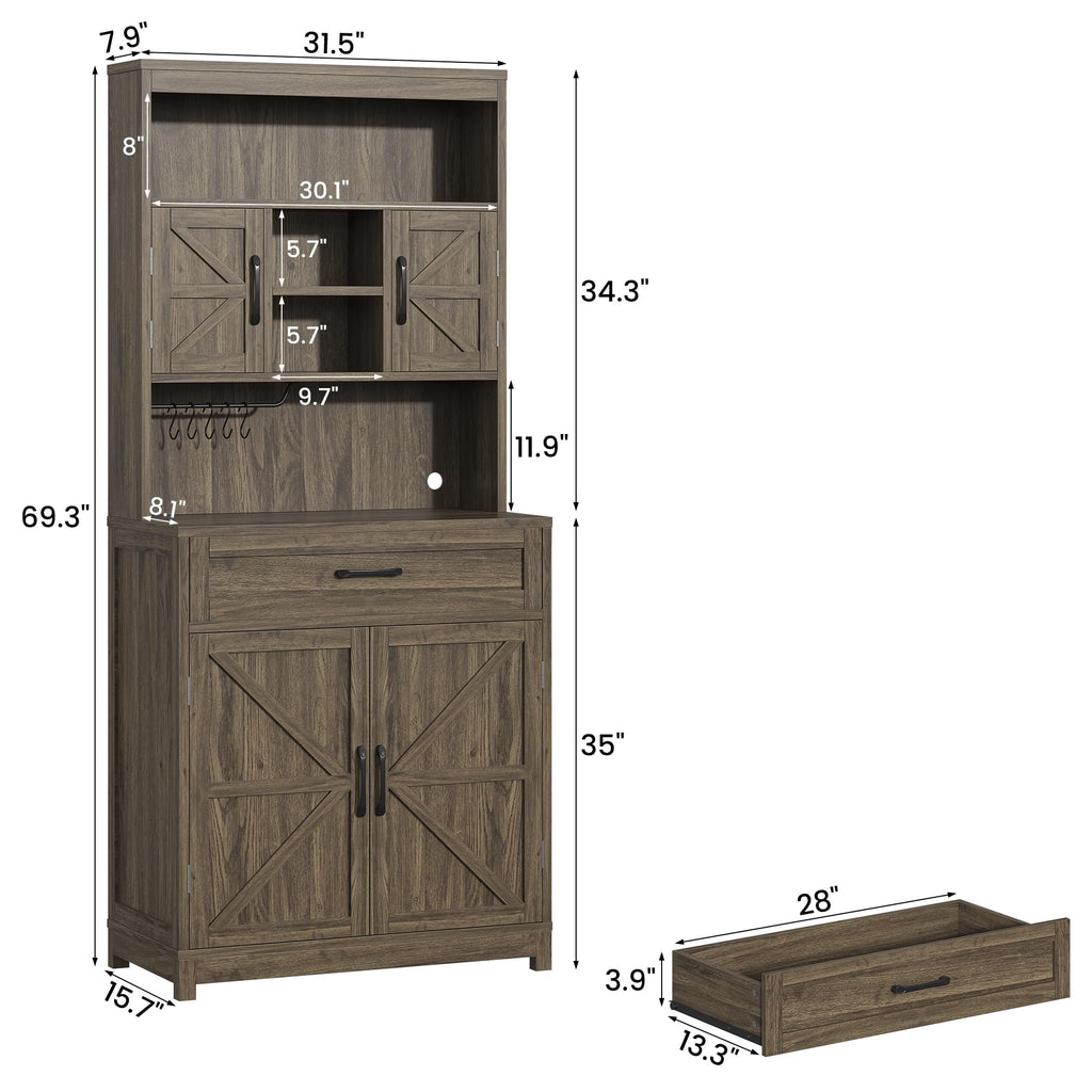 70 Inch Farmhouse Storage Cabinet with Doors and Drawers, Freestanding Kitchen Pantry Cabinet, Floor Storage Cabinet