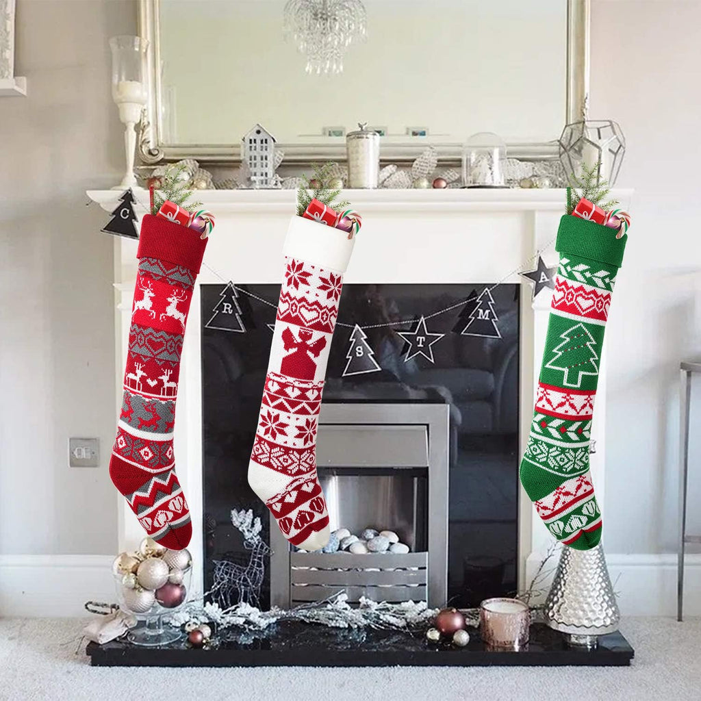 3 Pack Knit Christmas Stocking - 25 Inch Extra Long White and Burgundy Wool Christmas Stocking with Reindeer and