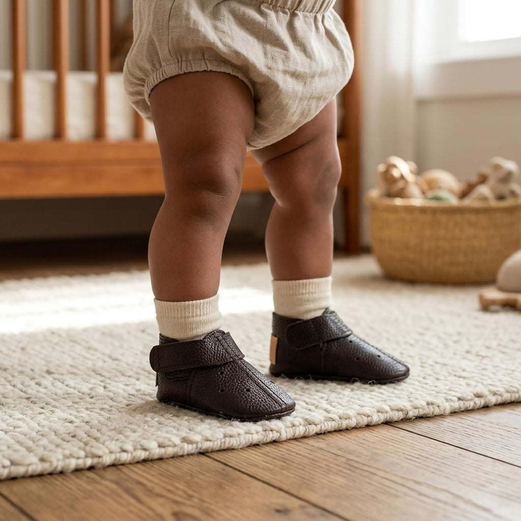 Dark Brown Leather Baby Shoes Soft Sole Booties Gender Neutral Stylish Baby Sneakers Comfortable First Shoes Handmade