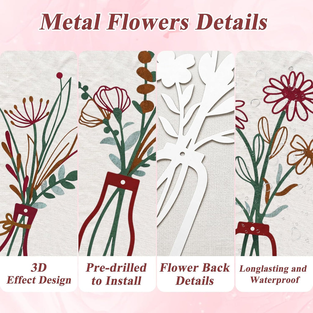 Metal Wall Art Flowers , Rustic Farmhouse Flower Sculptures, 13.7" Wall Art Decor, Drill-Free Install Option - Set of 3