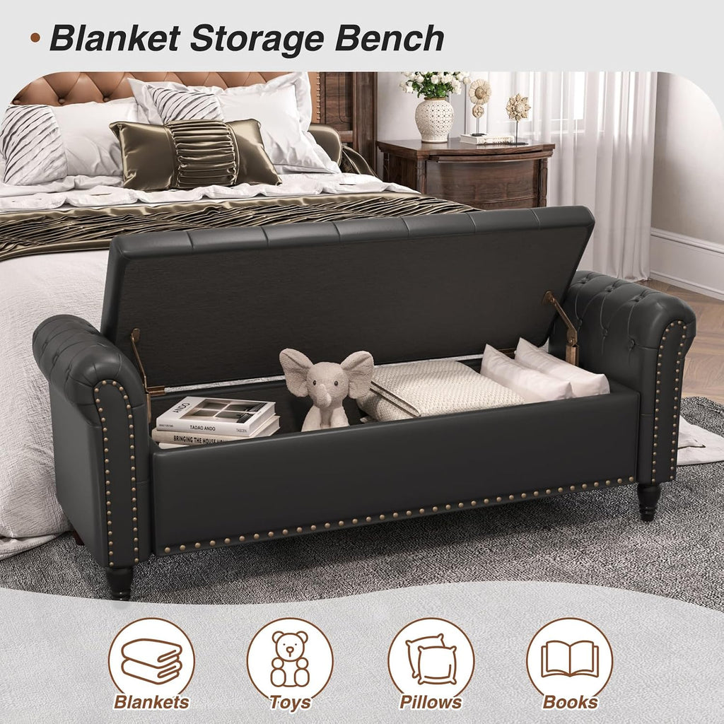 65 Inch Bedroom Bench, End of Bed Bench with Storage, Black | Bed Benches for Foot of Bed, Faux Leather Window Bench