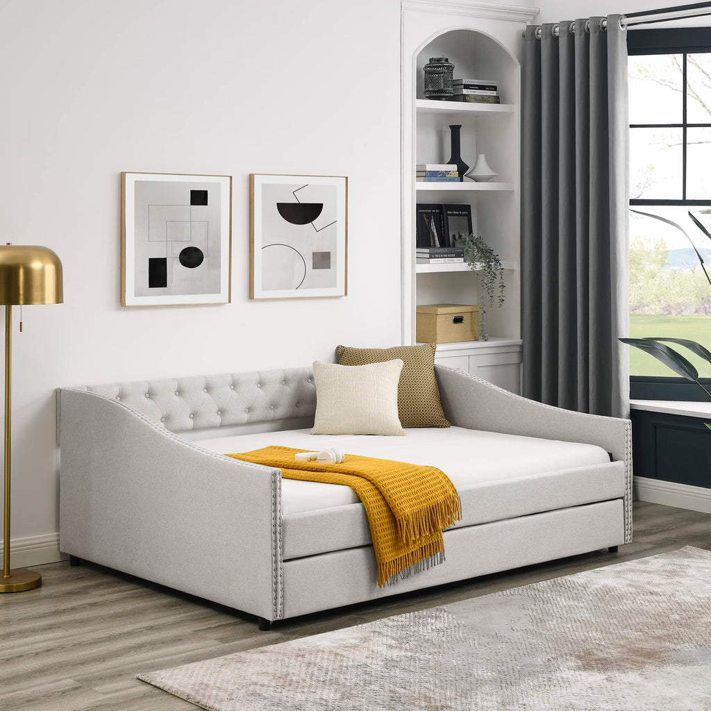 Full Size Daybed with Twin Size Trundle, Upholstered Tufted Sofa Bed, with Button on Back and Copper Nail on Waved